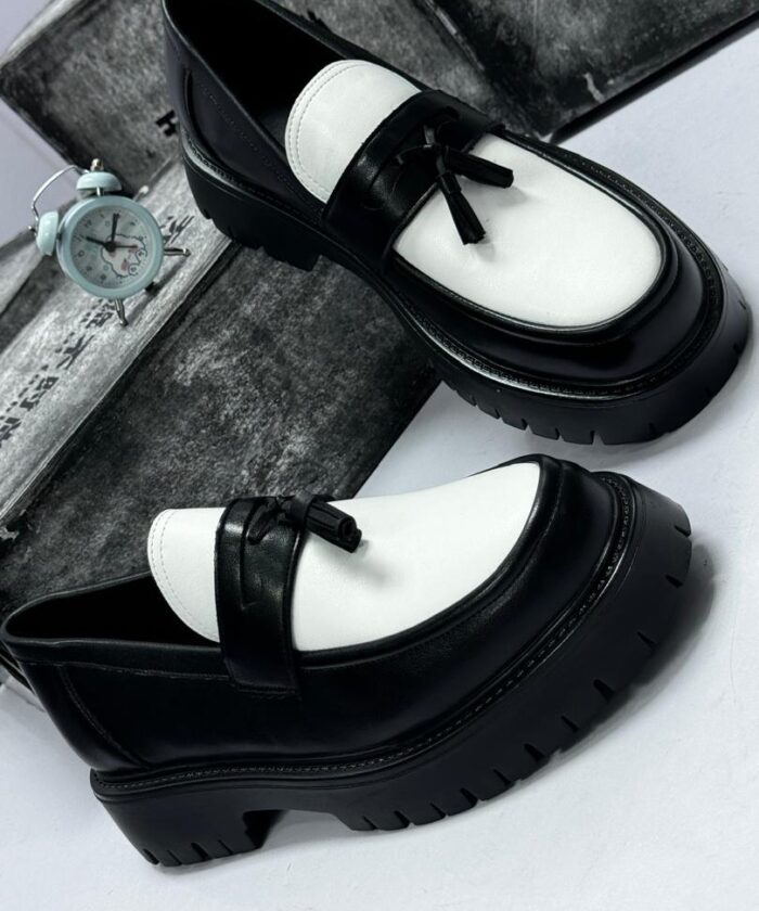 Black and White Chunky Tassel Loafers