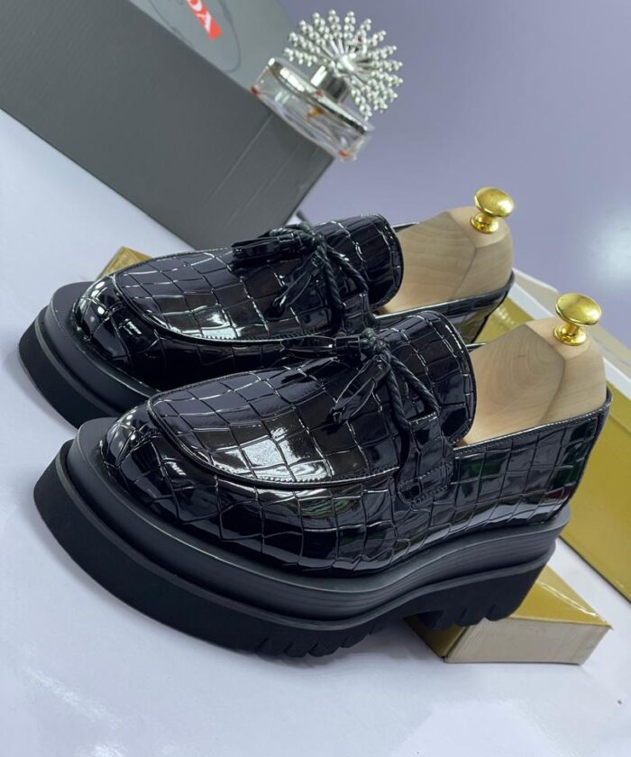 Prada Black Crocodile-Pattern Platform Loafers