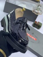 Prada Black Crocodile-Pattern Platform Loafers
