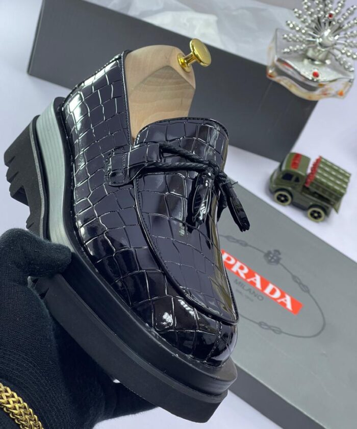 Prada Black Crocodile-Pattern Platform Loafers