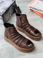 Chekich CH113 Brown High-Top Boots with Pleated Design and Metallic Toe Cap