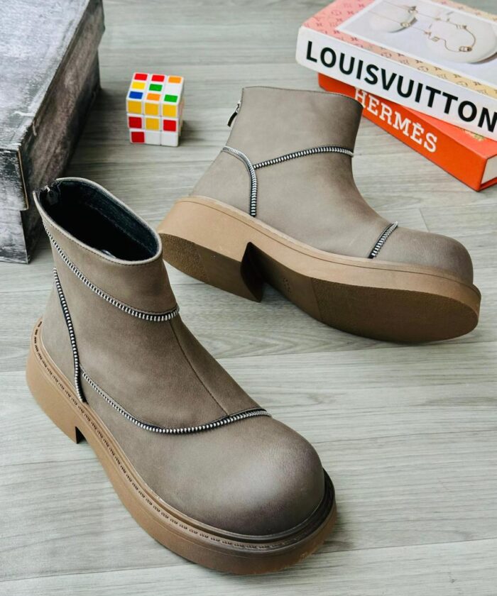 Men’s Olive Brown Platform Ankle Boots with Front Zipper