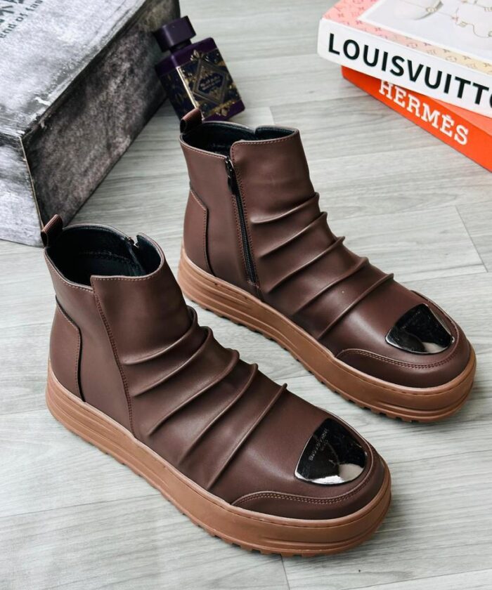 Chekich CH113 Brown High-Top Boots with Pleated Design and Metallic Toe Cap