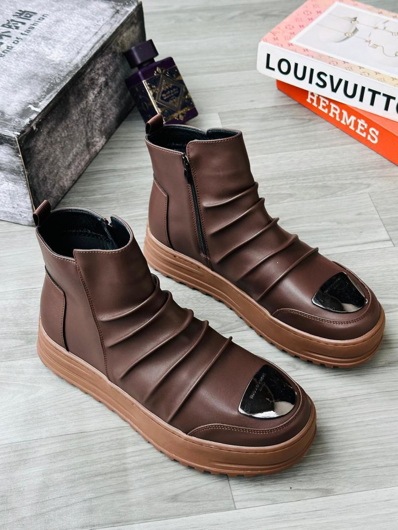 Chekich CH113 Brown High-Top Boots with Pleated Design and Metallic Toe Cap Chekich CH113 Brown High-Top Boots with Pleated Design and Metallic Toe Cap