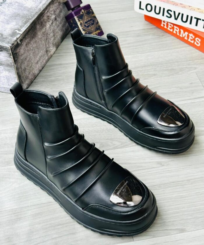Chekich CH113 Men’s Black Faux Leather High-Top Boots with Metallic Toe Cap