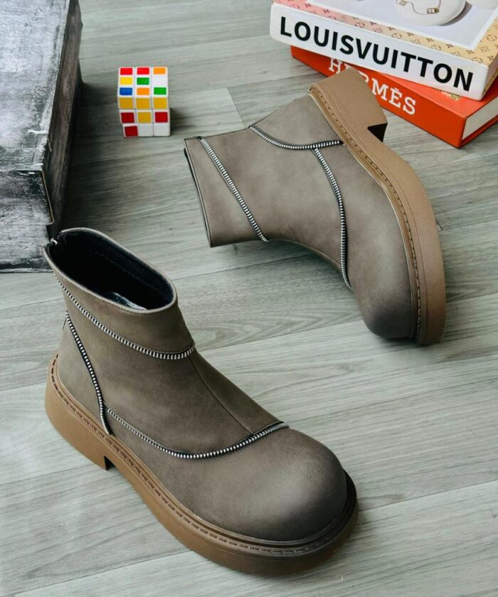 Men’s Olive Brown Platform Ankle Boots with Front Zipper