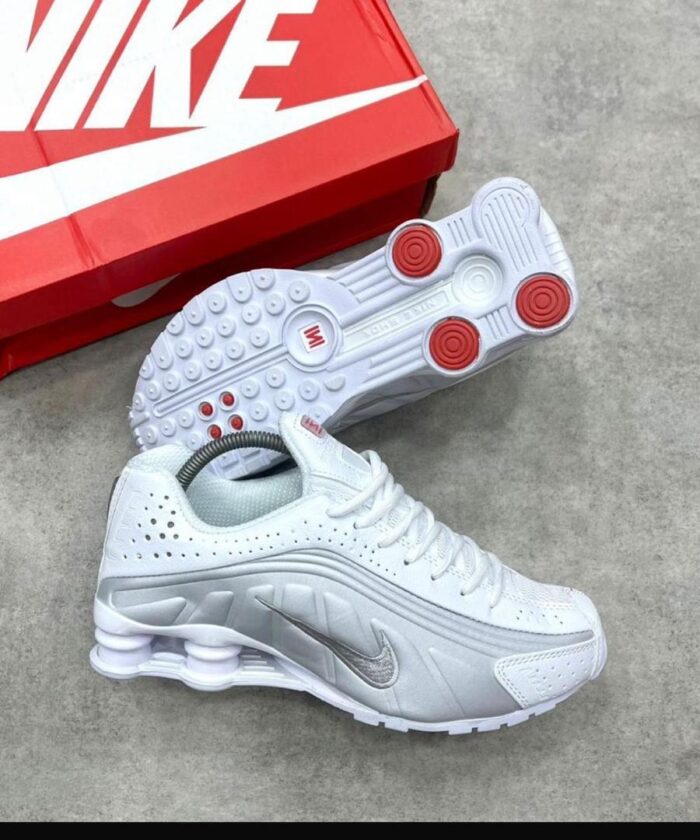 Nike Shox R4 White and Metallic Silver Sneakers