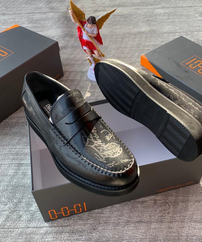 Oggi Men’s Black Leather Loafers with Script Monogram Embossing