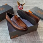 Oggi Men’s Brown Leather Loafers with Script Monogram Embossing