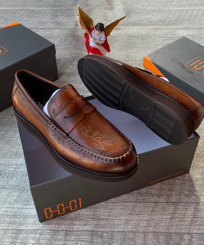 Oggi Men’s Brown Leather Loafers with Script Monogram Embossing