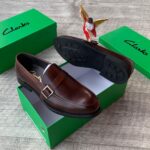 Clarks Men’s Brown Leather Monk-Strap Loafers with Silver Side Buckle