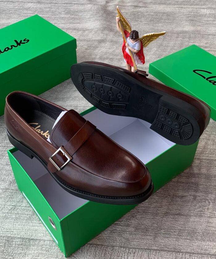 Clarks Men’s Brown Leather Monk-Strap Loafers with Silver Side Buckle