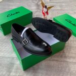 Clarks Men’s Black Leather Monk-Strap Loafers with Silver Side Buckle