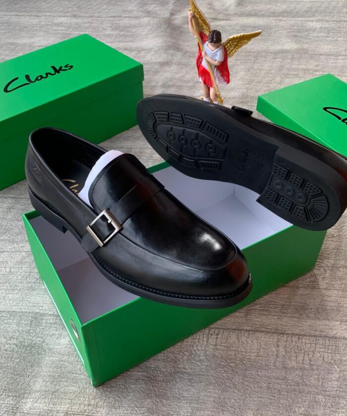 Clarks Men’s Black Leather Monk-Strap Loafers with Silver Side Buckle