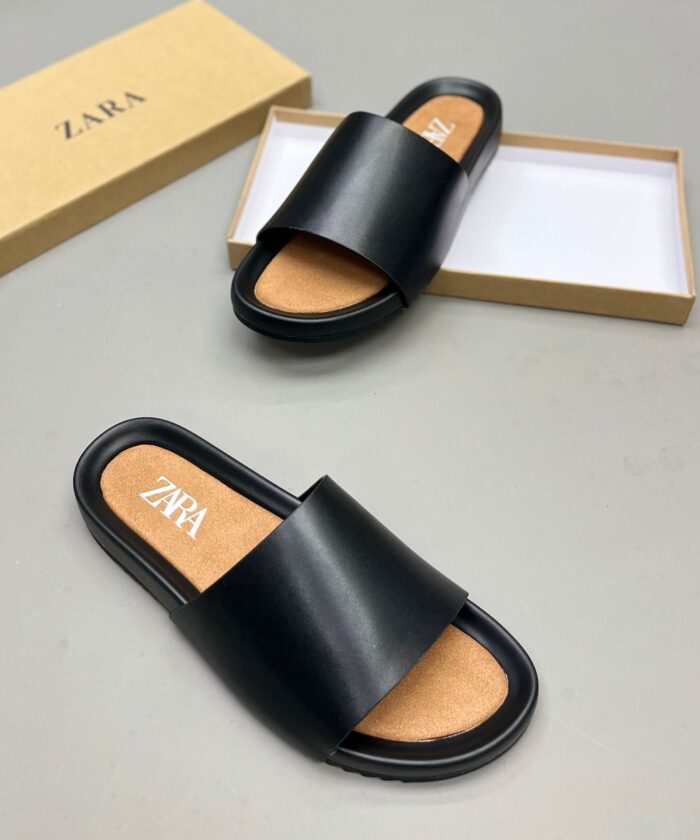 Zara Unisex Black Leather Slippers with Minimalist Wide Strap