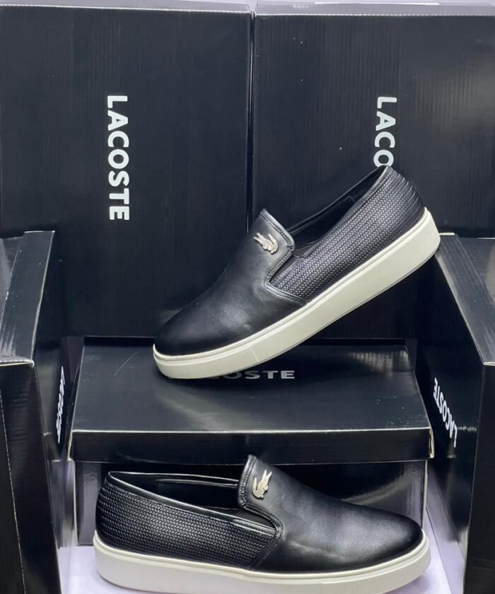 Lacoste Black Leather Slip-On Sneakers with Contrasting White Sole