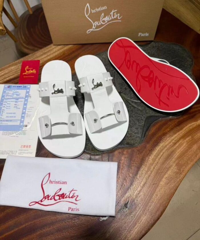 Christian Louboutin White Spiked Stud Leather Slides