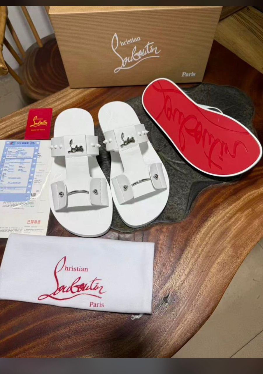 Christian Louboutin White Spiked Stud Leather Slides Christian Louboutin White Spiked Stud Leather Slides