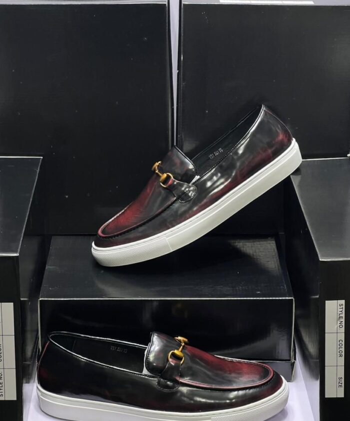 Burgundy Lufiano Slip-On Shoes with Gold Chain Detail