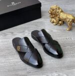 Givenchy Crocodile-Emossed Black Leather Cross-Strap Slippers with Gold Emblem