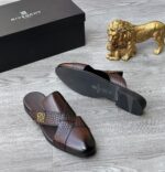 Givenchy Crocodile-Emossed Brown Leather Cross-Strap Slippers with Gold Emblem