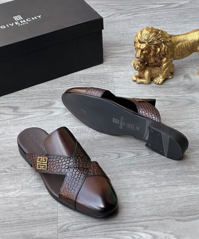 Givenchy Crocodile-Emossed Brown Leather Cross-Strap Slippers with Gold Emblem