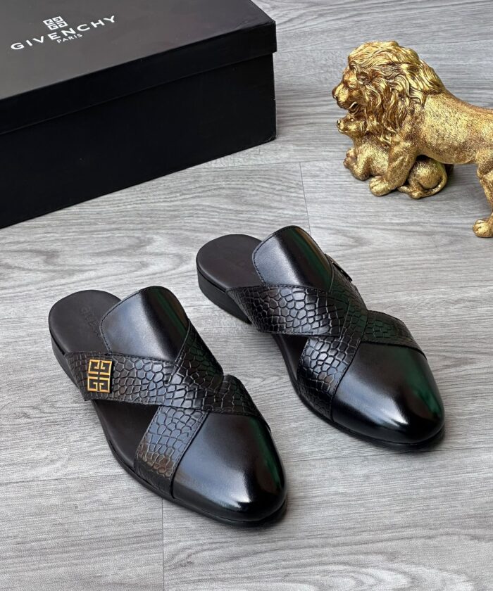 Givenchy Crocodile-Emossed Black Leather Cross-Strap Slippers with Gold Emblem