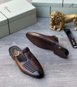 Richwanaz Men’s Dark Brown Leather Loafers with Cutout Upper and Gold Buckle