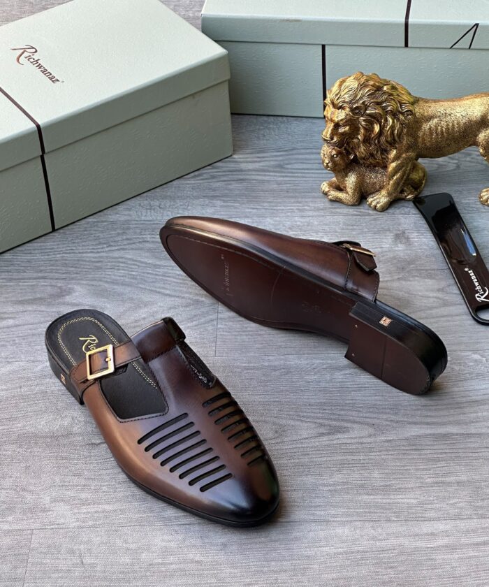Richwanaz Men’s Dark Brown Leather Loafers with Cutout Upper and Gold Buckle