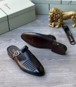 Richwanaz Men’s Black Leather Loafers with Cutout Upper and Gold Buckle