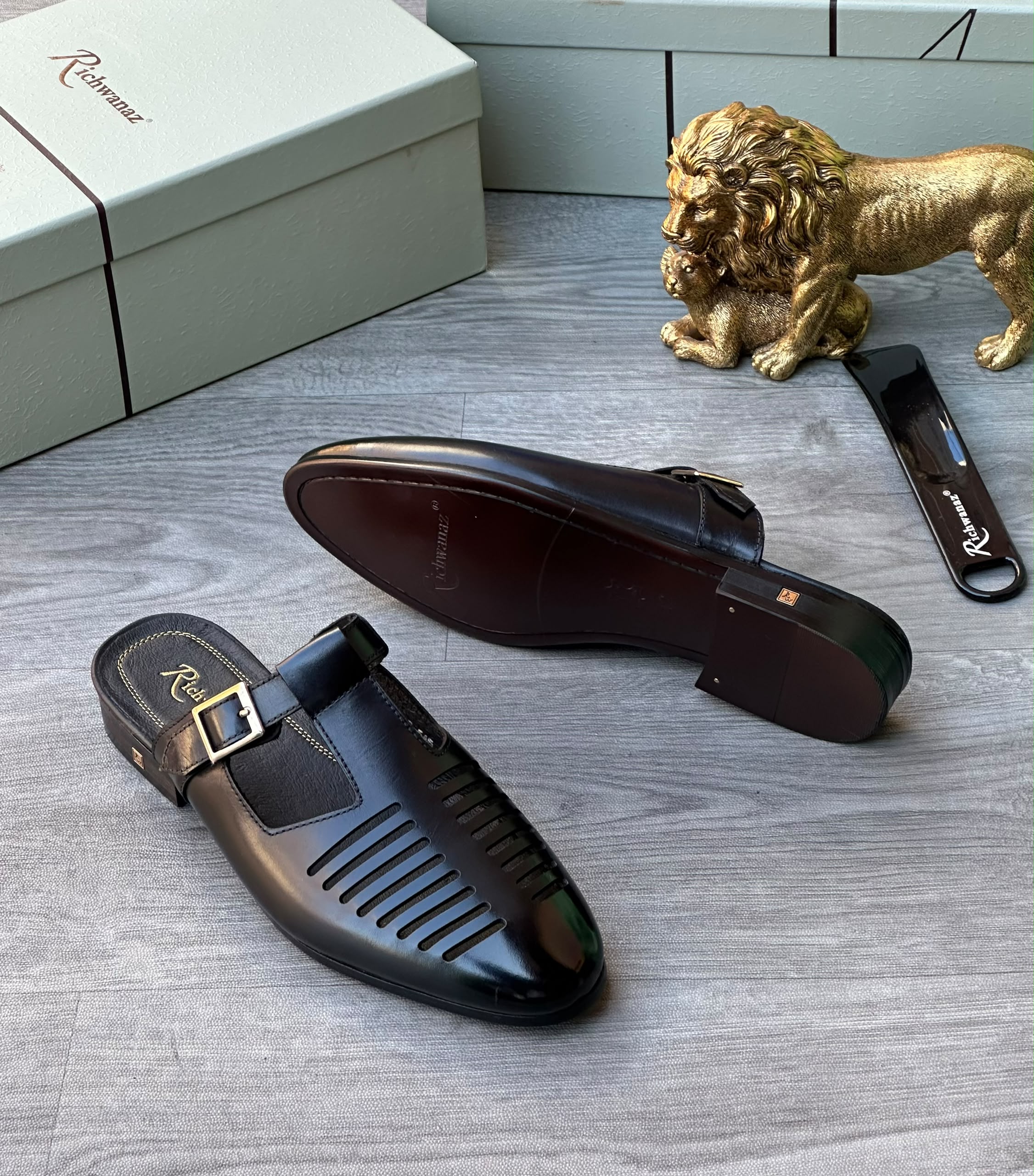 Richwanaz Men’s Black Leather Loafers with Cutout Upper and Gold Buckle Richwanaz Men’s Black Leather Loafers with Cutout Upper and Gold Buckle