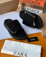 Zara Black Suede Palm Slippers