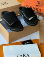 Zara Black Suede Palm Slippers
