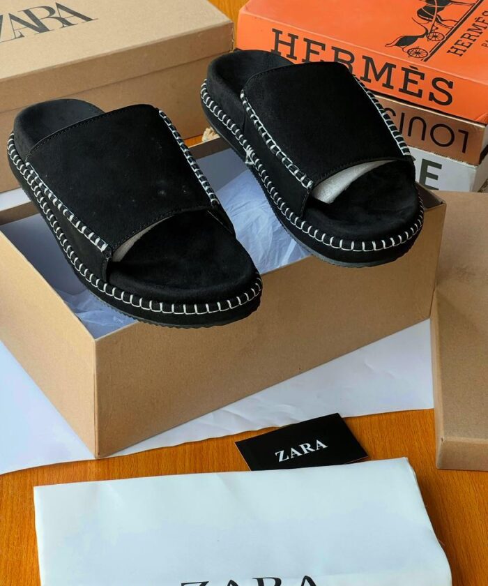 Zara Black Suede Palm Slippers