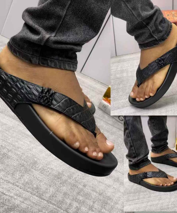 Black Crocodile-Embossed Platform Slides