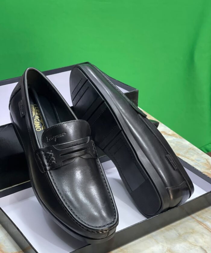Black Leather Moc-Toe Loafers