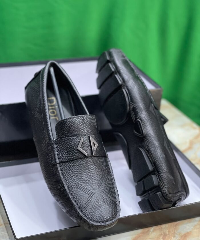 Black Textured Leather Loafers