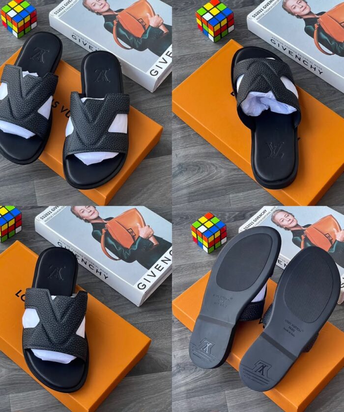 Black Textured Leather Slides