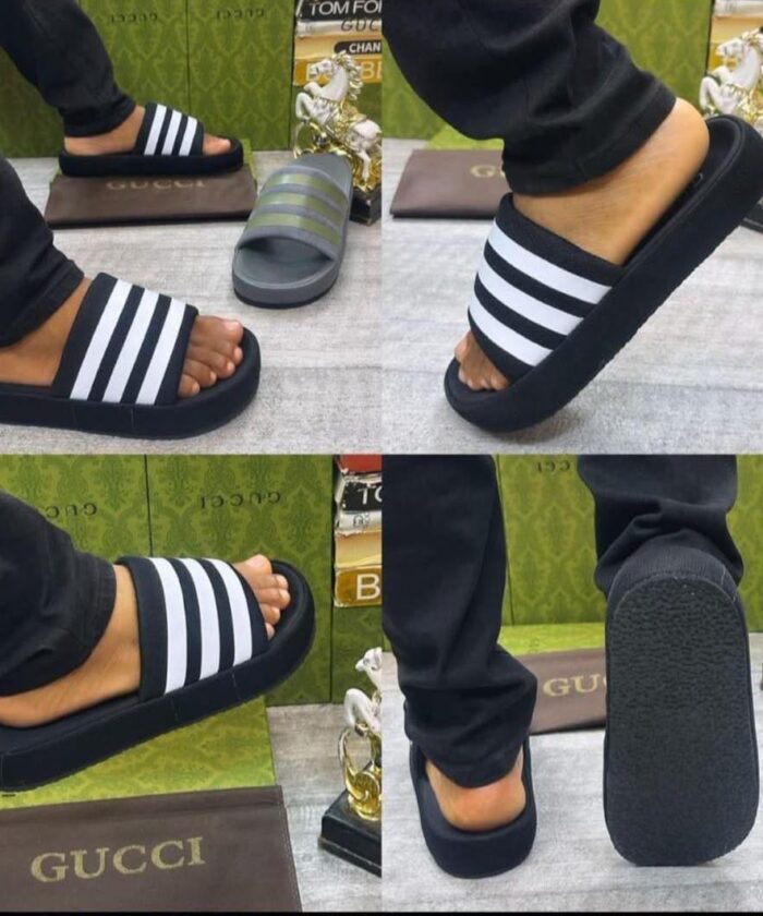 Black Three-Stripe Slides