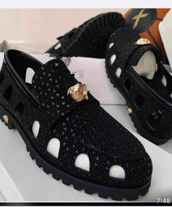 Gold Medusa Head Emblem Designer Shoes