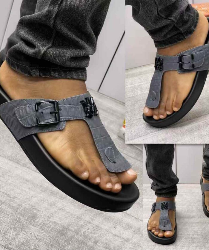 Grey Crocodile-Textured Leather Sandals