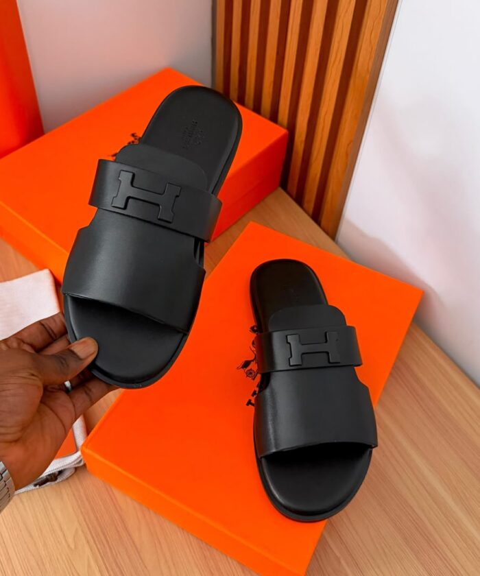 H-Cutout Black Slip-On Sandals