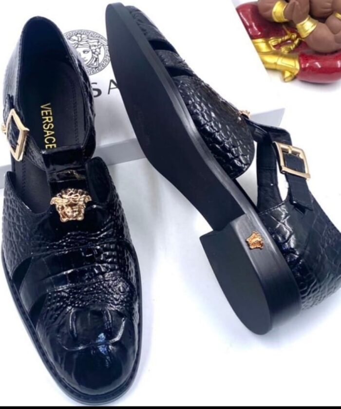 Mens Black Crocodile Embossed Leather Sandals