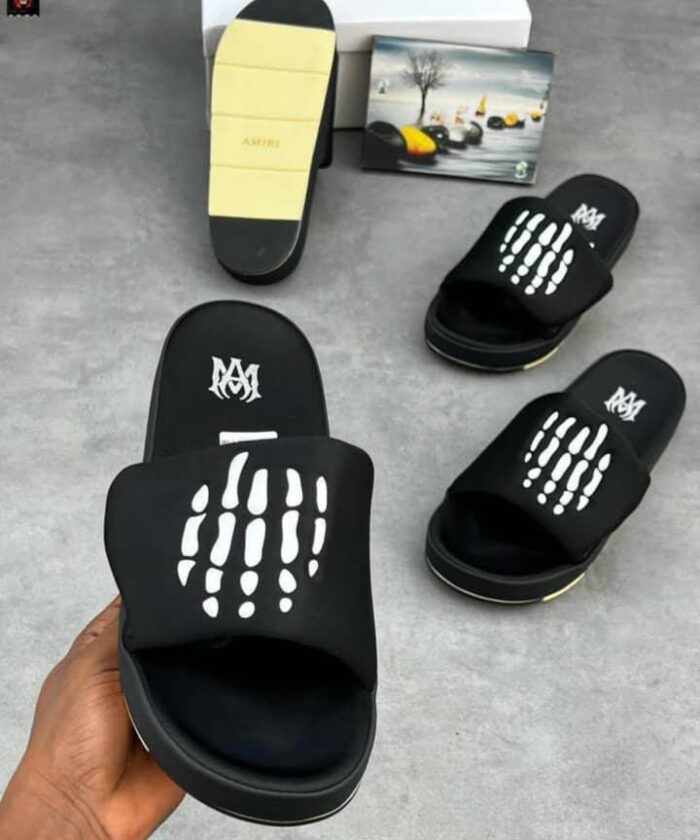 Amiri Black Skeleton Hand Graphic Pool Slides