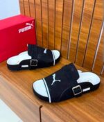 Black Suede Buckle Mule Slides with White Puma Logo 1