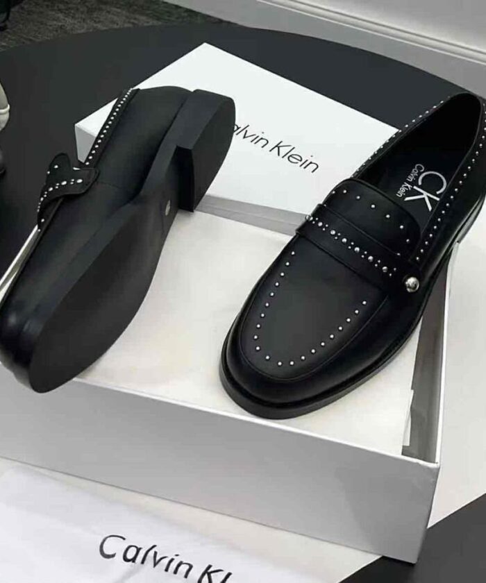 Mens Black Leather Loafers Studded Trim Luxury Shoes