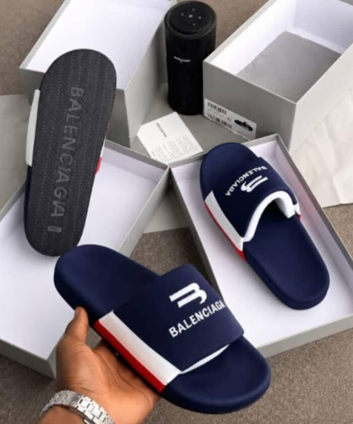 Navy Blue Pool Slides White Red Stripe B Logo