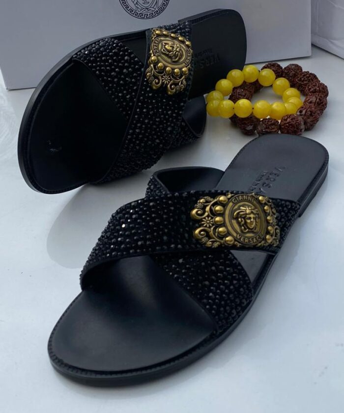 Black Crystal Embellished Criss Cross Slide Sandals