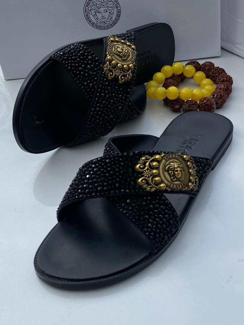 Black Crystal Embellished Criss Cross Slide Sandals Black Crystal Embellished Criss Cross Slide Sandals