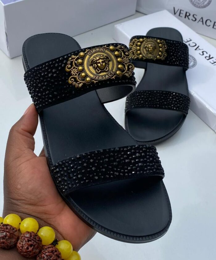 Black Double Strap Crystal Embellished Slide Sandals
